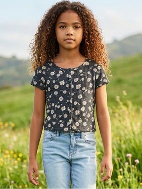 EUC Art Class Girls Short Sleeve Ribbed Black FloralButton Down Top - Size M 7/8